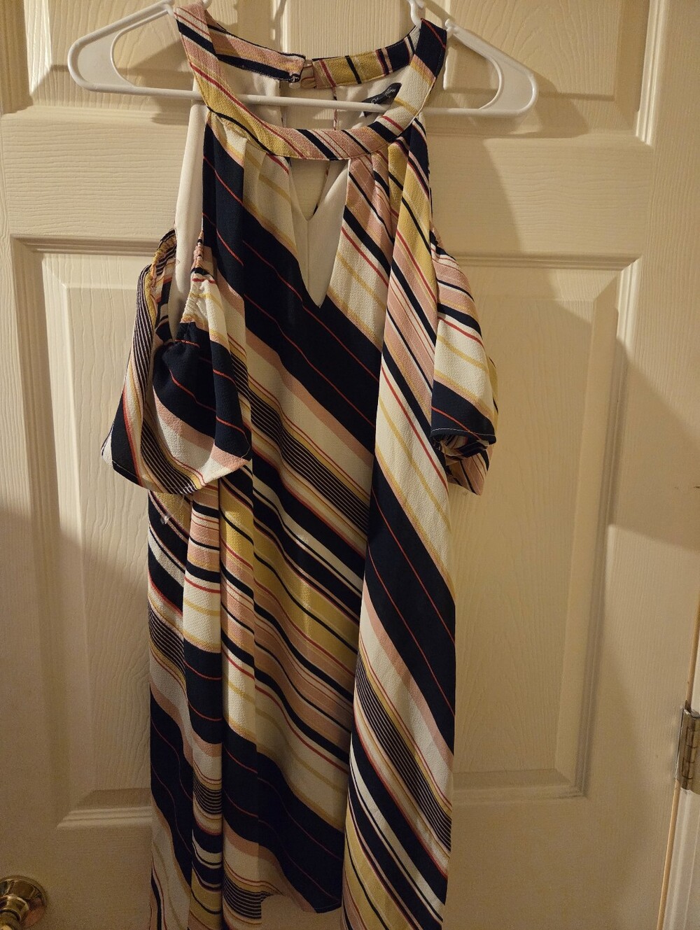 Lily Rose Open Shoulder Striped Halter Dress in Navy, Yellow & Peach